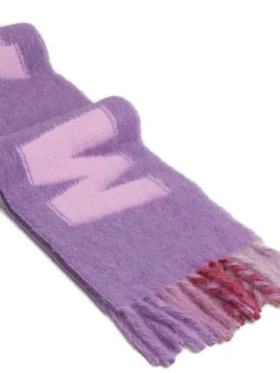 Marni Wool Scarf With Block Letters And Fringed Edges In Purple