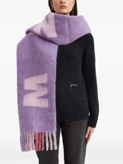 Marni Wool Scarf With Block Letters And Fringed Edges In Purple