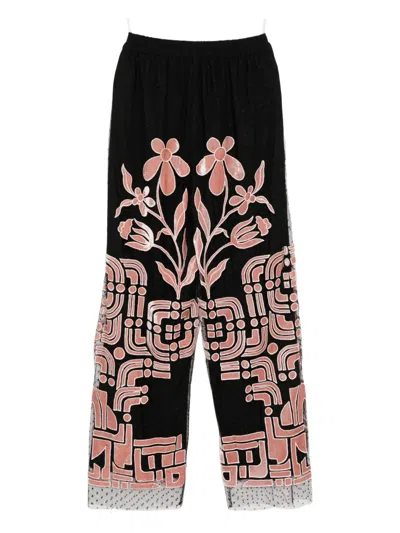 Biyan Floral-embroidered Trousers In Black