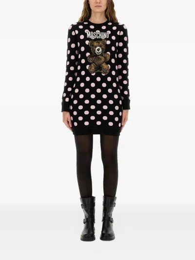 Moschino Long Sleeve Polka Dot Graphic Dress In Black