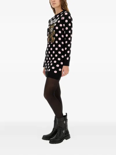 Moschino Long Sleeve Polka Dot Graphic Dress In Black