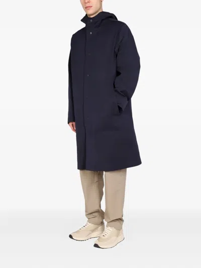 Monobi Hooded Trench Coat With Tall Neck In Blue