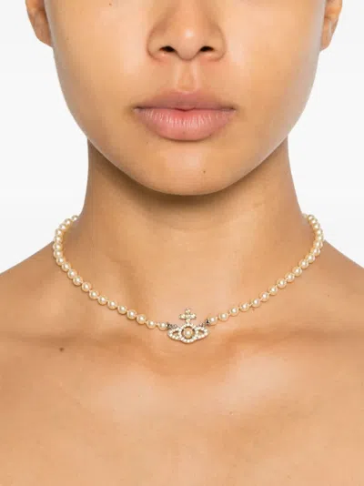 Vivienne Westwood Adjustable Pearl Necklace Orb Pendant In Gold