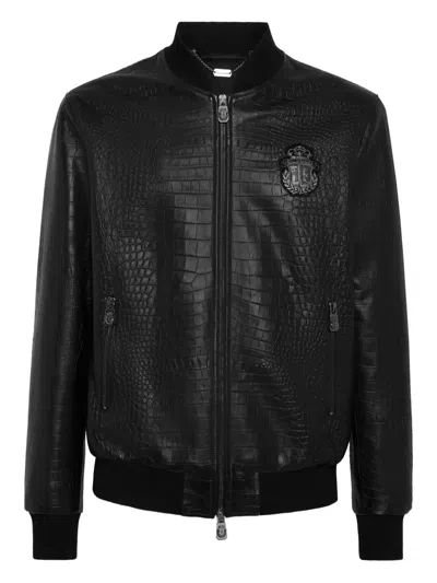 Billionaire Crocodile-effect Zip-up Bomber Jacket In Black