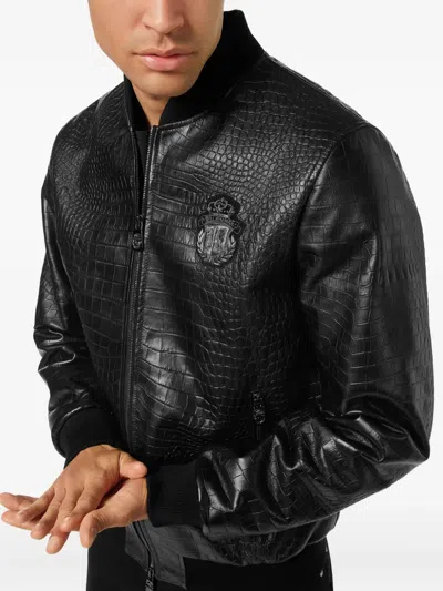 Billionaire Crocodile-effect Zip-up Bomber Jacket In Black