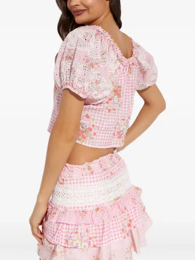 Loveshackfancy Checked-pattern Flower-embellishment Blouse In Pink