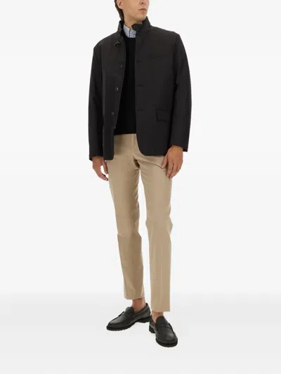 Fay High Collar Jacket With Unique Hook Closure And Flap Pockets In Black