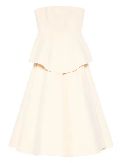 Solace London Ada Strapless Peplum Midi Dress In Neutral
