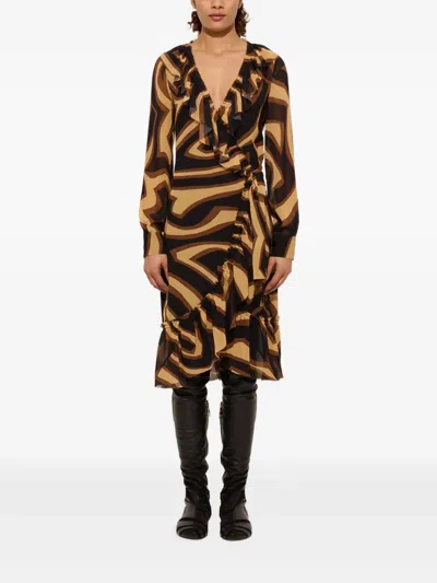 Pucci Labirinto-print Ruffled Dress In Brown