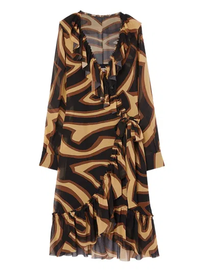 Pucci Labirinto-print Ruffled Dress In Brown