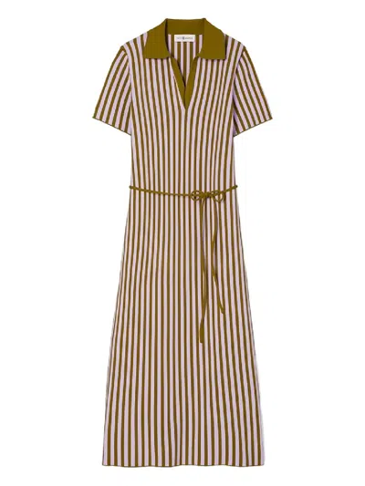 Tory Burch Striped Collared Midi Dress In Brown