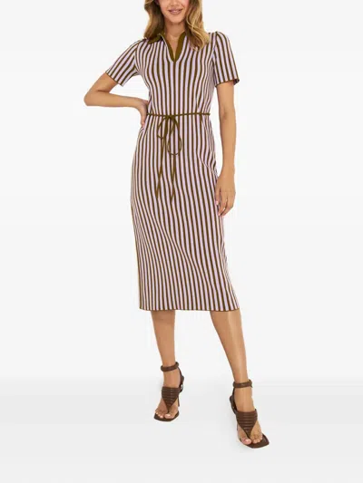 Tory Burch Striped Collared Midi Dress In Brown