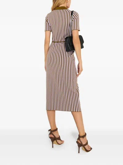 Tory Burch Striped Collared Midi Dress In Brown