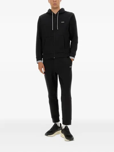 Hugo Boss Cotton Zip-up Hoodie With Stripe Details In Black