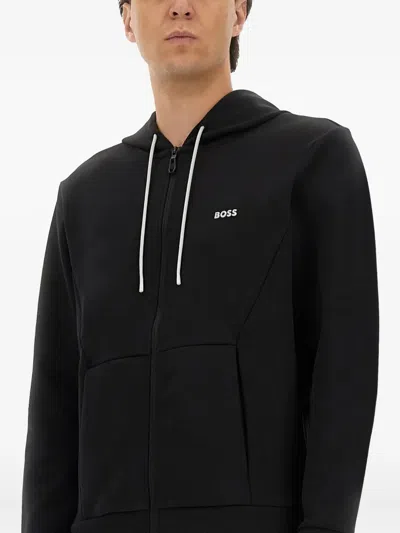 Hugo Boss Cotton Zip-up Hoodie With Stripe Details In Black