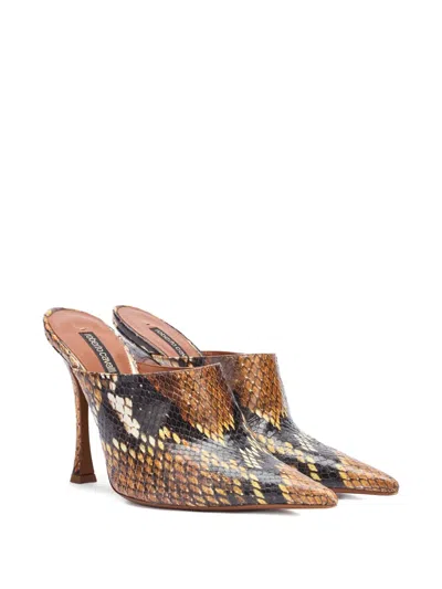 Roberto Cavalli Python-print Heeled Mules In Brown