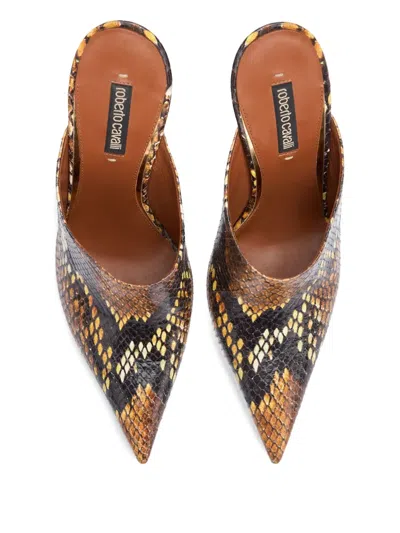 Roberto Cavalli Python-print Heeled Mules In Brown