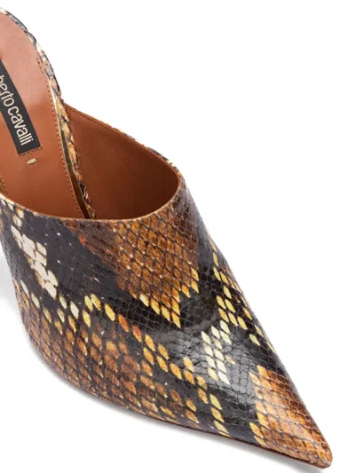 Roberto Cavalli Python-print Heeled Mules In Brown