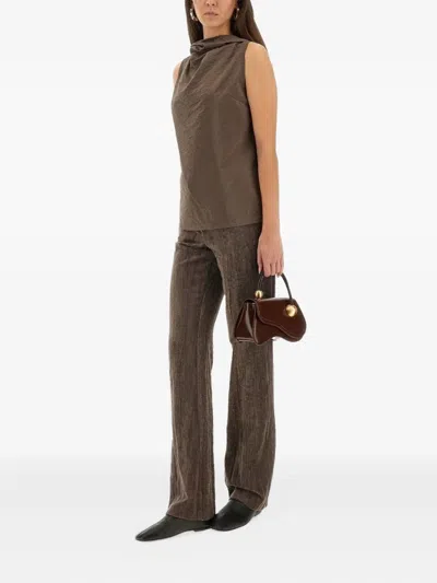Alysi Velvet "crinkle" Slim Pants In Brown