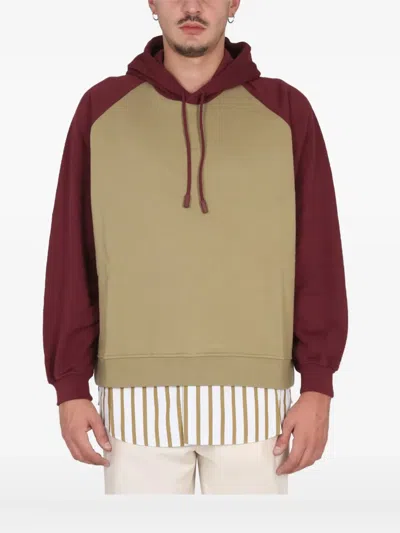 Sunnei Two-tone Cotton Sweatshirt With Drawstring Hood In Brown