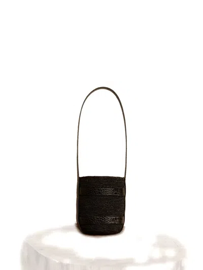 Manebi Textured Raffia Bucket Bag With Glossy Accents In Black