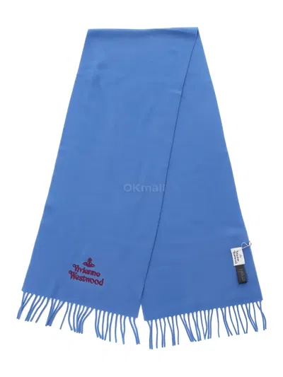 Vivienne Westwood Logo-embroidery Fringed Scarf In Blue