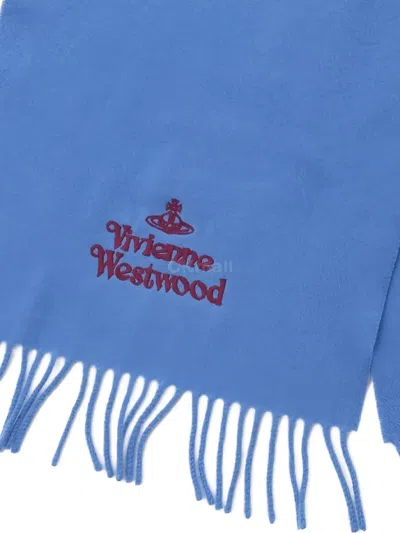 Vivienne Westwood Logo-embroidery Fringed Scarf In Blue