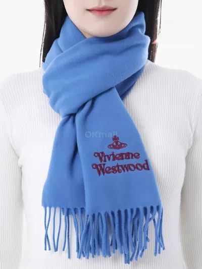 Vivienne Westwood Logo-embroidery Fringed Scarf In Blue