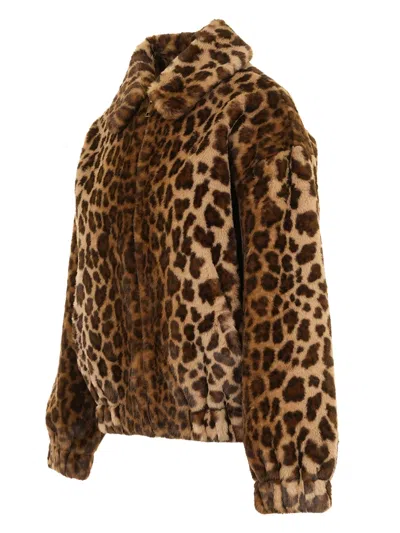 Mc2 Saint Barth Leopard Print Short Jacket With Synthetic Fur Fabric In Gray