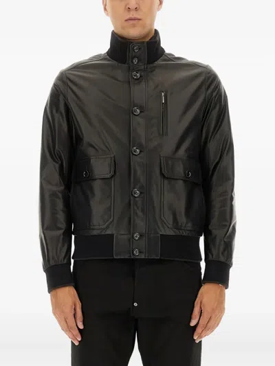 Moorer Leather Bomber Jacket In Blue