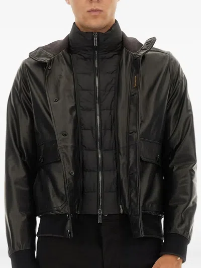 Moorer Leather Bomber Jacket In Blue