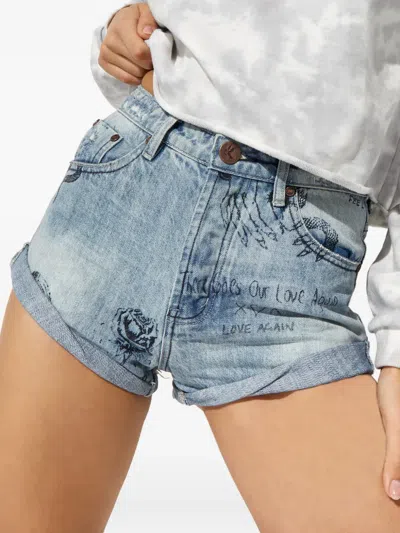 One Teaspoon Bandits Tattoo Denim Shorts In Blue