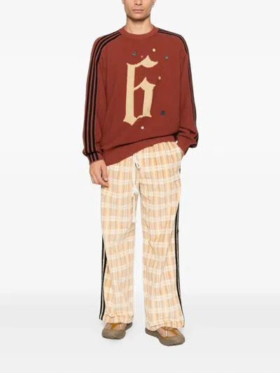 Song For The Mute Adi006 Stripe Button Sweater In Brown