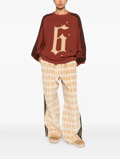 Song For The Mute Adi006 Stripe Button Sweater In Brown