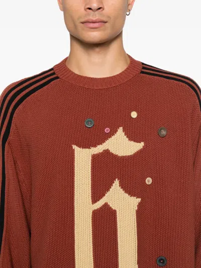 Song For The Mute Adi006 Stripe Button Sweater In Brown