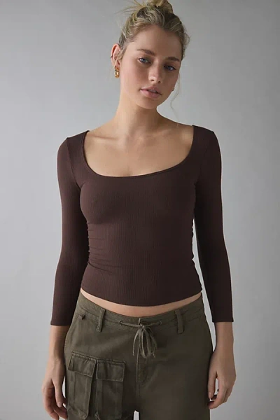 Bdg Andie 3/4 Sleeve Square Neck Cropped Tee Top In Brown, Women's At Urban Outfitters In Brown