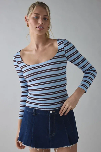 Bdg Andie 3/4 Sleeve Square Neck Cropped Tee Top In Blue, Women's At Urban Outfitters In Blue