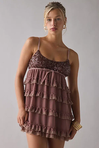 Kimchi Blue Tiered And Tied Ruffle Babydoll Romper In Brown, Women's At Urban Outfitters In Brown