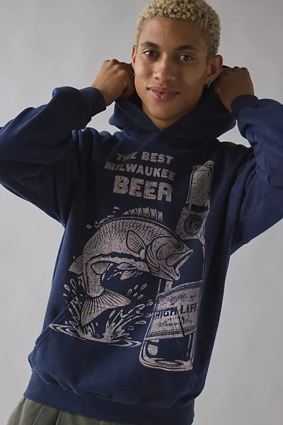 Urban Outfitters Miller High Life Fishing Graphic Hoodie Sweatshirt In Navy, Men's At  In Blue