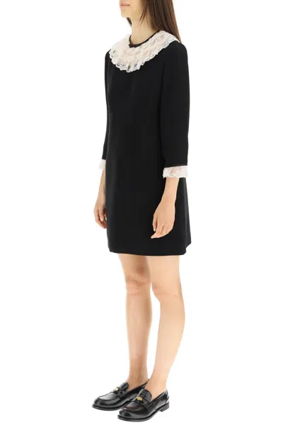 Miu Miu Lace Trimming Long Sleeved Mini Dress In Black