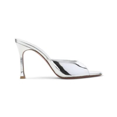 Amina Muaddi Alexa 95 Metallic Leather Mules In Silver