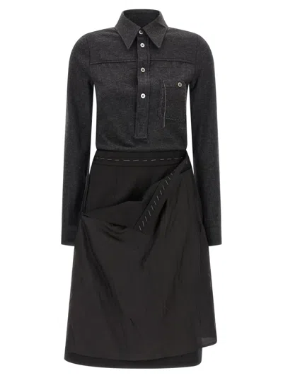 Maison Margiela Womens Melange Carbon Black Long-sleeve Contrast-skirt Virgin-wool Midi Dress In Black