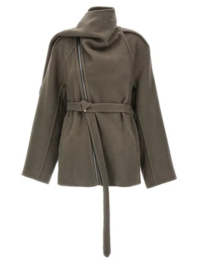 Rick Owens Asymmetric Belted Coat High Neck In Green