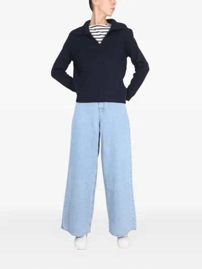 Saint James V-neck Navy-collar Sweater In Blue