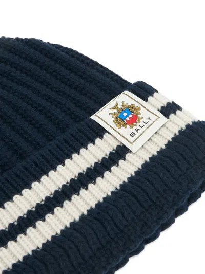 Bally Logo-patch Striped Beanie In Blue