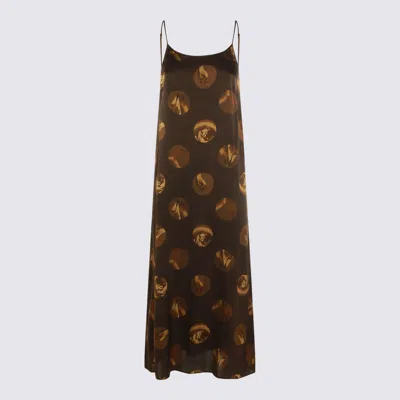 Uma Wang Abstract Print Slip Dress With Spaghetti Straps In Brown