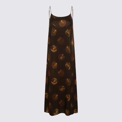 Uma Wang Abstract Print Slip Dress With Spaghetti Straps In Brown