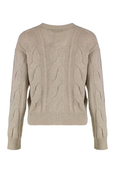 Max Mara Studio Cardigan In Wool And Cashmere With Braids In Neutral