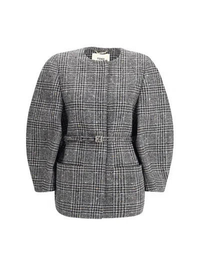 Fendi Women Blouson Jacket In Wool And Cotton Tweed With A Check Pattern In Gray
