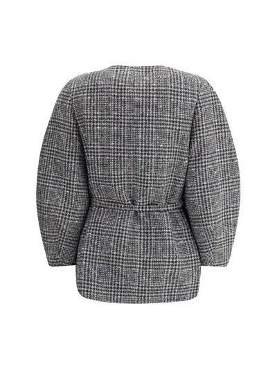 Fendi Women Blouson Jacket In Wool And Cotton Tweed With A Check Pattern In Gray